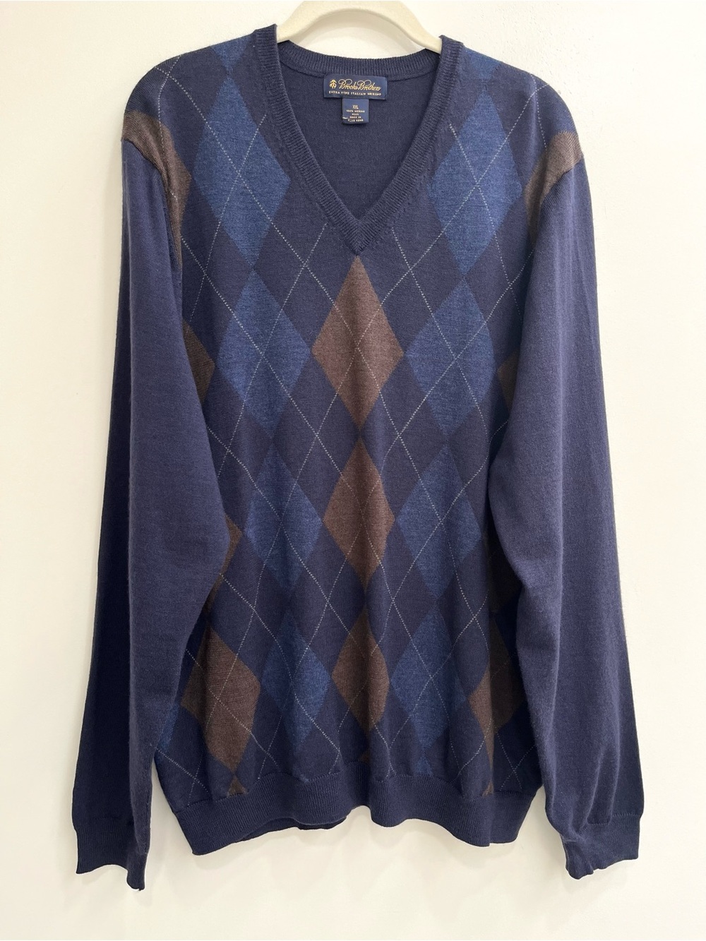 Brooks Brothers Merino Wool Argyle Grandpa Academia Sweater Navy Blue Brown XXL